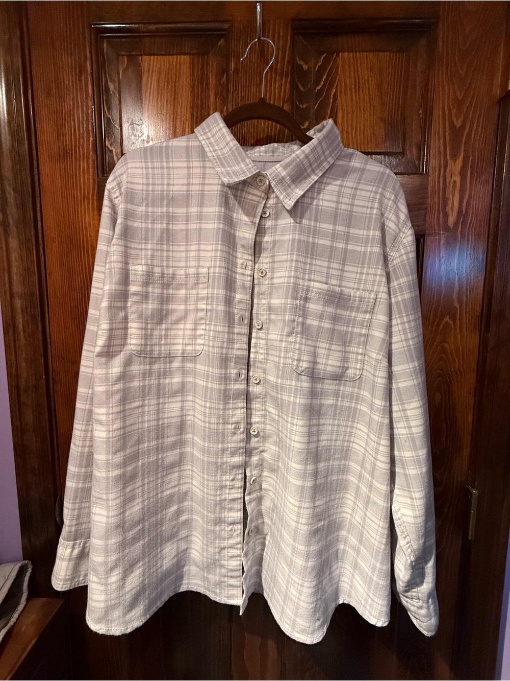 Women's Light Gray Plaid Button-Down Shirt